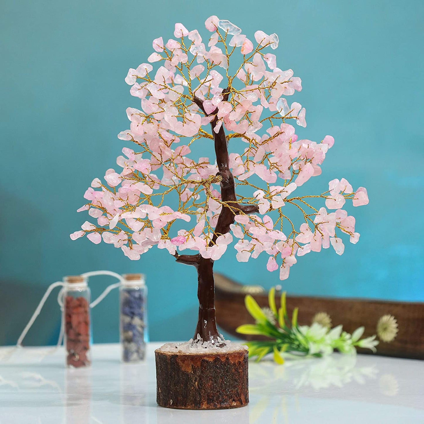 Rose Quartz Gemstone Tree Feng Shui Figurine Money Bonsai Good Luck Chakra Balancing Reiki Healing Crystals Decoration Ornament Sculpture Prosperity Table Decor Gift Size 10-12"