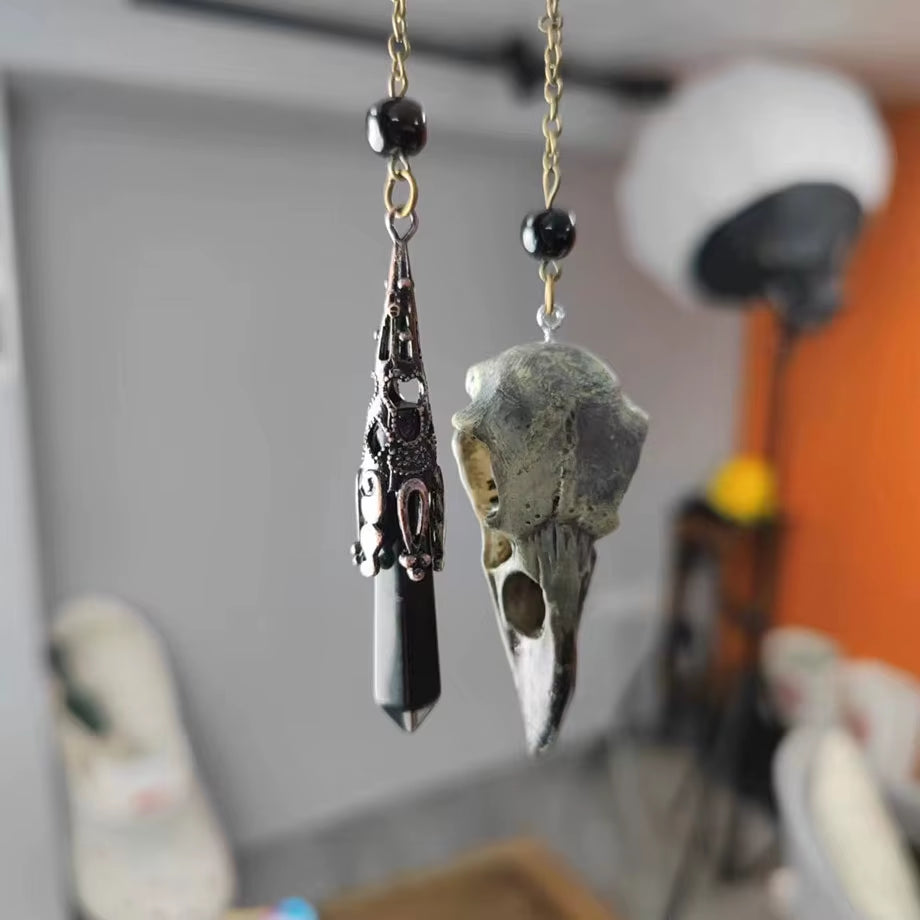 Natural Stone Black Obsidian Crystal Pendulum for Divination Dowsing Vintage Reiki Raven Skull Chain Spiritual Practice