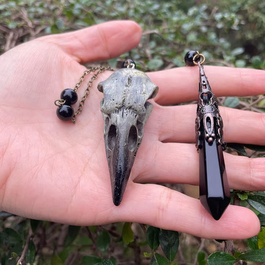 Natural Stone Black Obsidian Crystal Pendulum for Divination Dowsing Vintage Reiki Raven Skull Chain Spiritual Practice