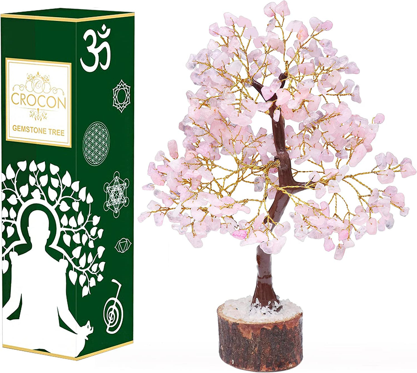 Rose Quartz Gemstone Tree Feng Shui Figurine Money Bonsai Good Luck Chakra Balancing Reiki Healing Crystals Decoration Ornament Sculpture Prosperity Table Decor Gift Size 10-12"